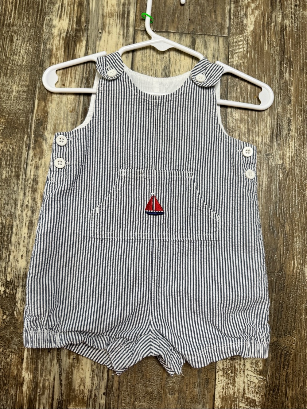 Striped Blue and White Baby One-Piece Romper with Red Sailboat